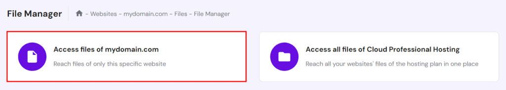 Funzionalità del File manager dell'hPanel, con l'opzione di accesso ai file di un sito web specifico evidenziata