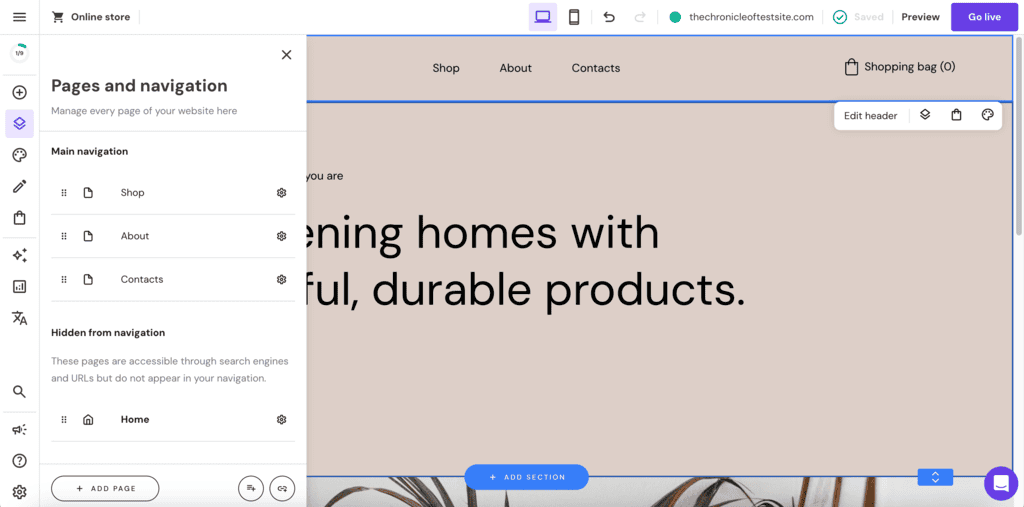 Interfaccia di modifica della navigazione web nel website builder di Hostinger