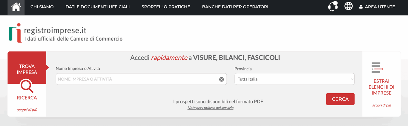 Sito web de Registro delle Imprese