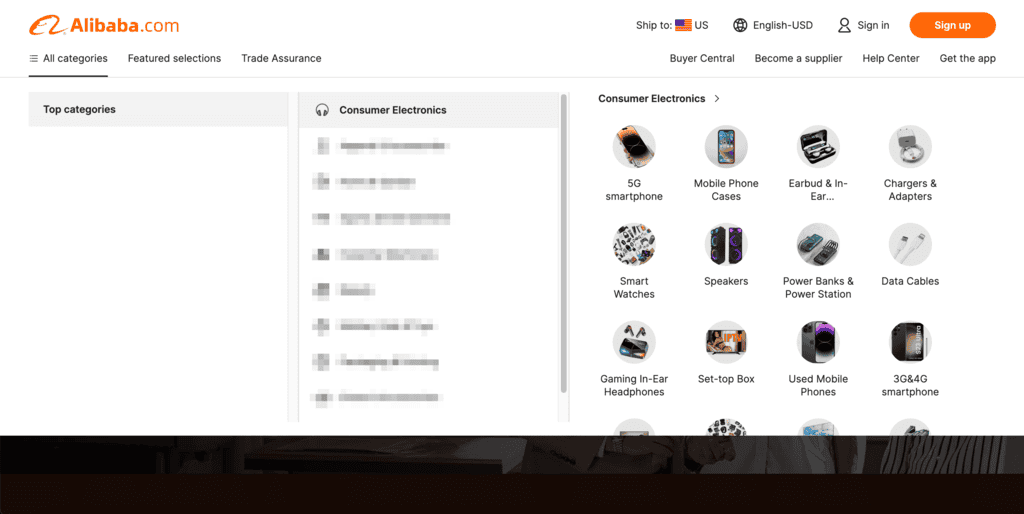 Barra del mega menu di Alibaba