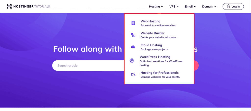 Menu di navigazione locale che si abbina alla navigazione globale dei Tutorial di Hostinger