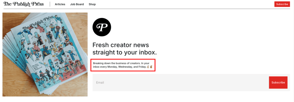 Un esempio di modulo di iscrizione di The Publish Press, che rivela il contenuto e la programmazione della newsletter