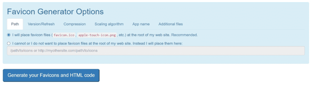 Opzioni del percorso di Real Favicon Generator
