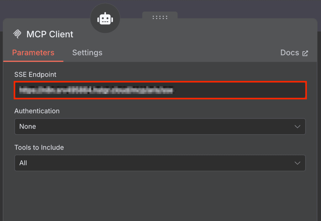 Configurazione dell'endpoint del nodo MCP client
