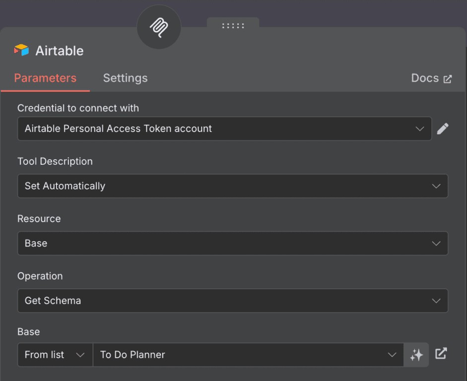 Pagina di configurazione del nodo Airtable