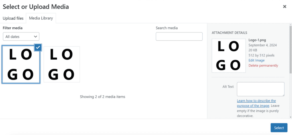 L'immagine per la favicon nella libreria multimediale di WordPress