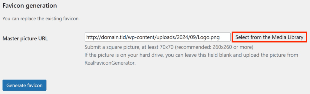 Il pulsante Seleziona dalla libreria multimediale nel menu del plugin Real Favicon Generator