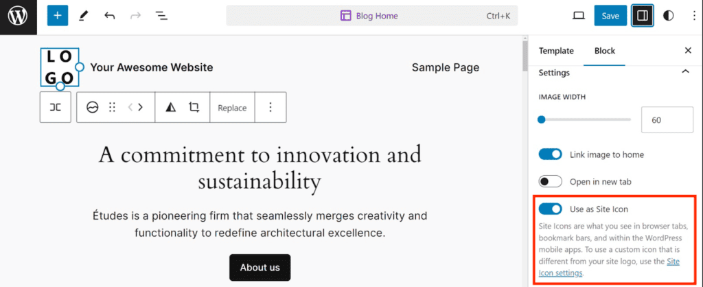 Usare l'icona del sito nell'editor del sito Gutenberg