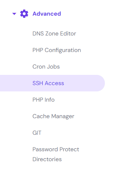 Selezione di Accesso SSH nella barra laterale sinistra dell'hPanel nella sezione Avanzate