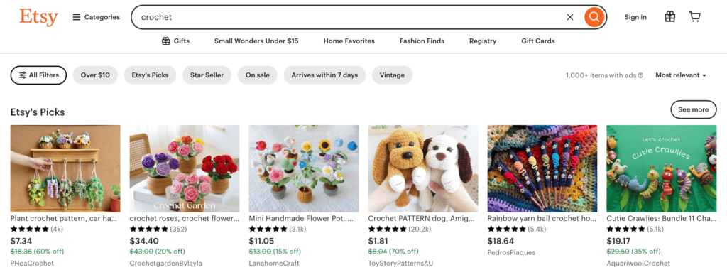 Pagina di uncinetto su Etsy