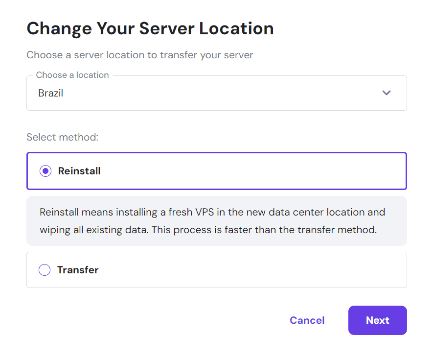 Menu di selezione della posizione del data center nell'hPanel