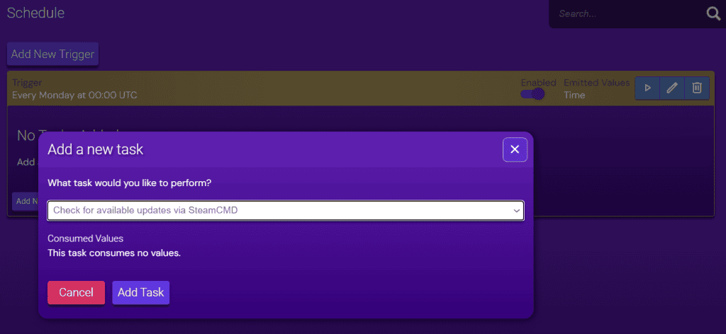Pianificatore attività del Game panel di Hostinger