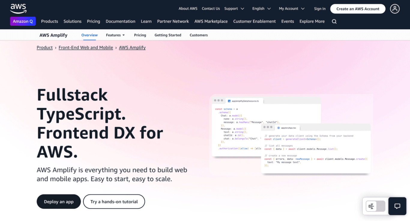 Landing page di AWS Amplify