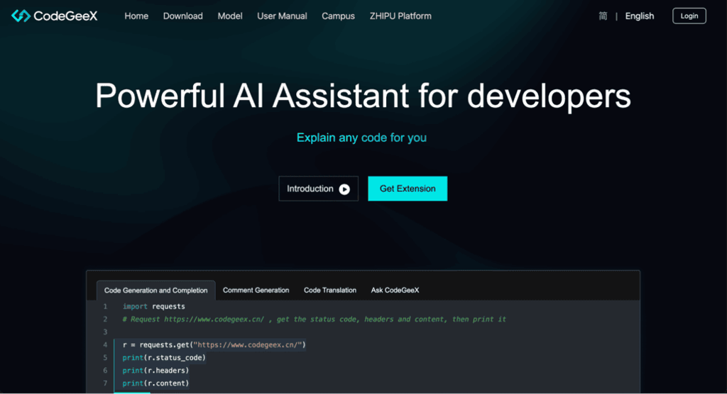 Homepage di CodeGeeX