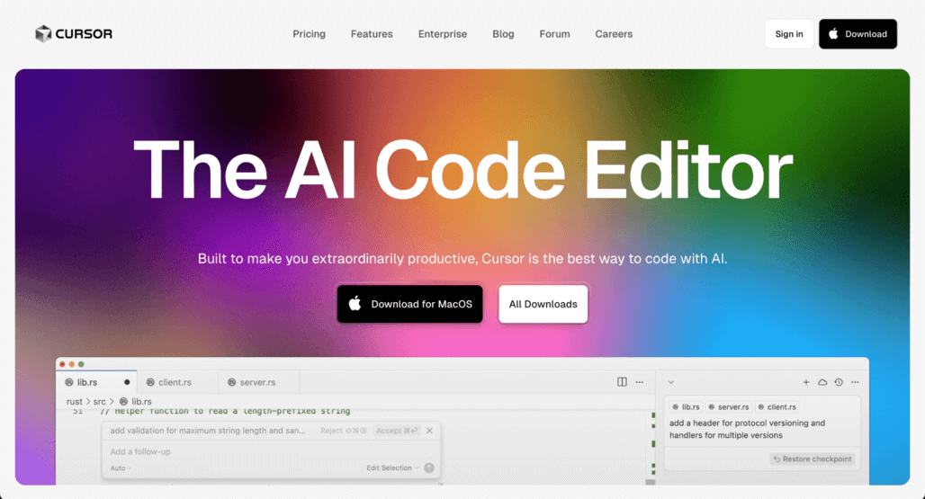 Homepage di Cursor AI