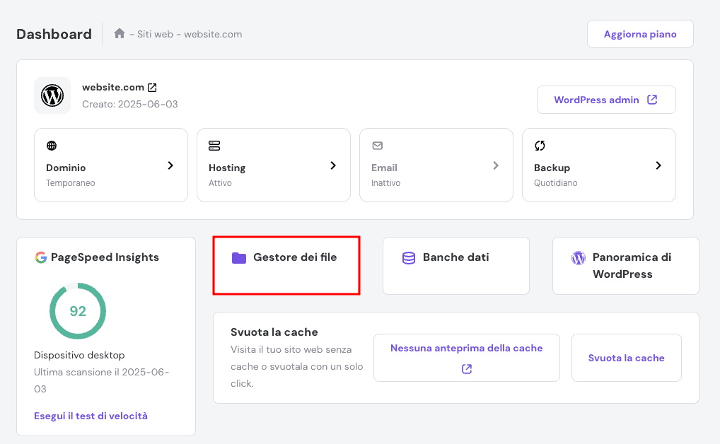 Dashboard dell'account di hosting sull'hPanel con il pulsante del file manager evidenziato