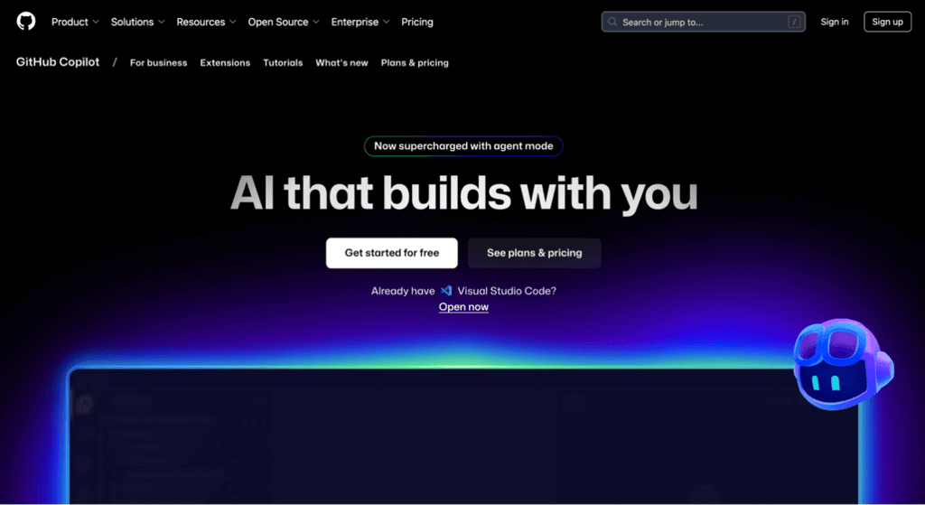 Landing page di GitHub Copilot