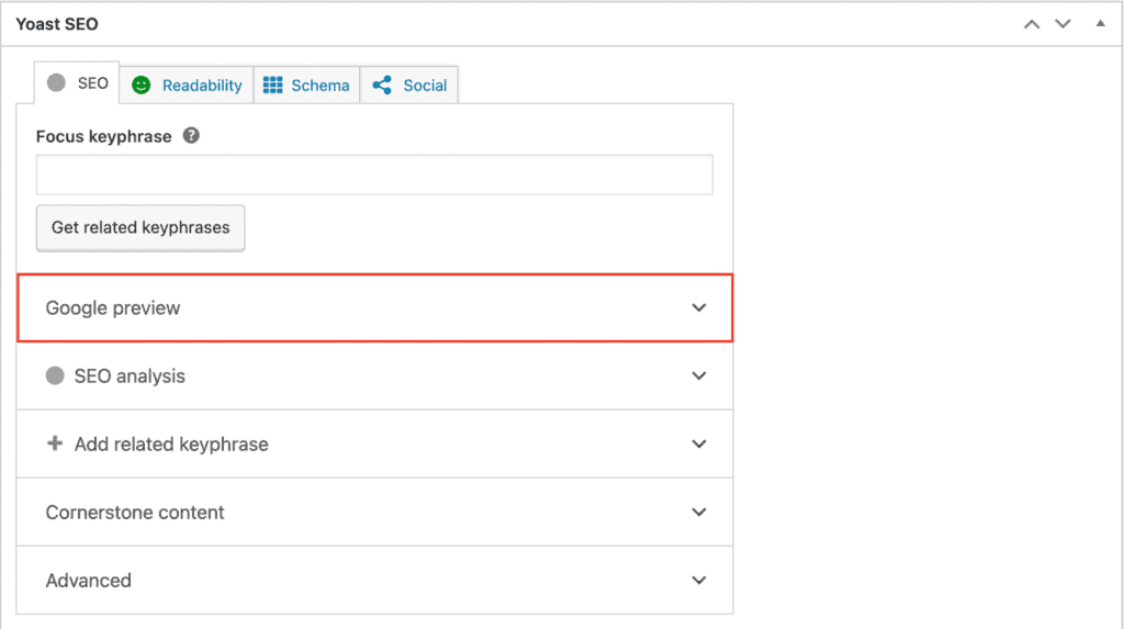 Sezione dell'anteprima di Google nel menu a discesa di Yoast SEO
