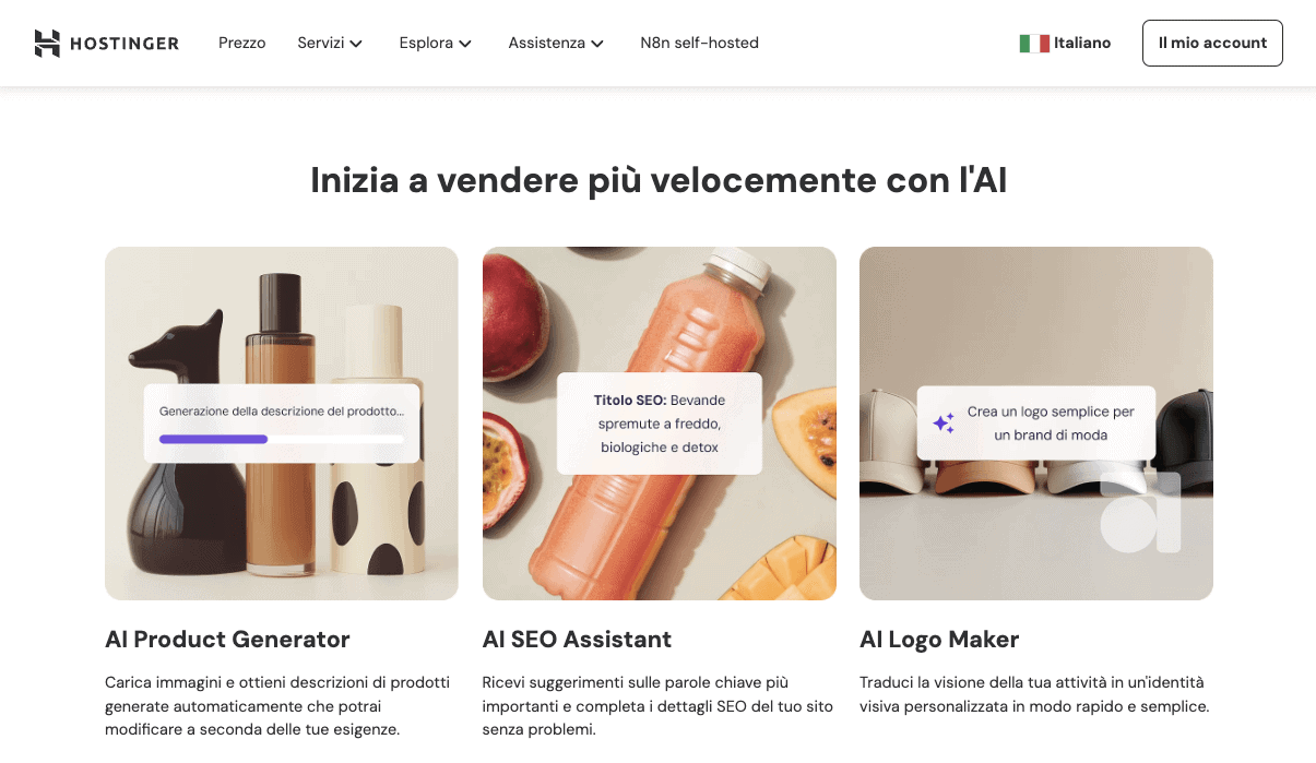 Le funzionalità dello strumento website builder per ecommerce di Hostinger, evidenziando alcune delle opzioni che uno strumento di questo tipo potrebbe fornire.