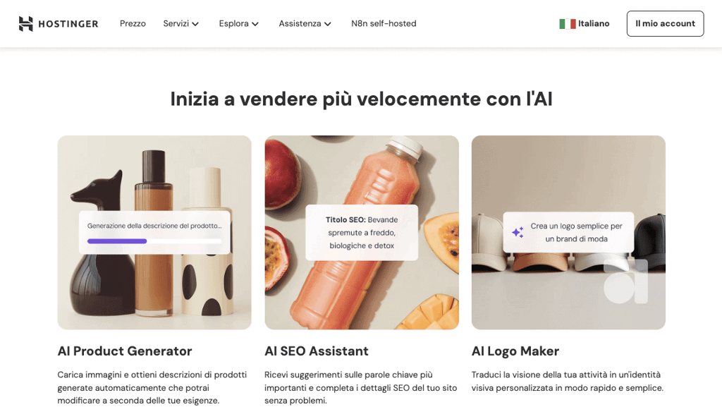 Le funzionalit&agrave; dello strumento website builder per ecommerce di Hostinger, evidenziando alcune delle opzioni che uno strumento di questo tipo potrebbe fornire.