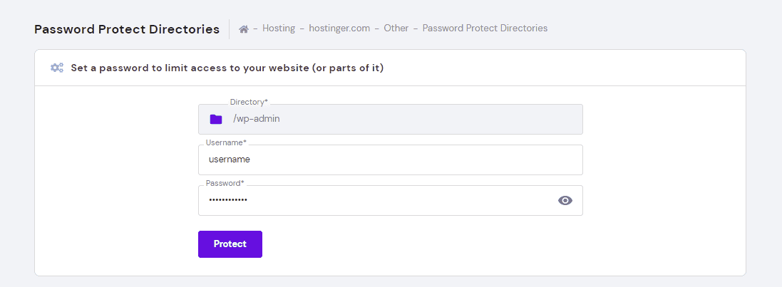 La finestra delle directory protette da password sull'hPanel