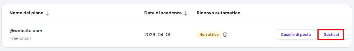 Un elenco di domini di posta elettronica nell'hPanel di Hostinger con il pulsante per gestirli evidenziato
