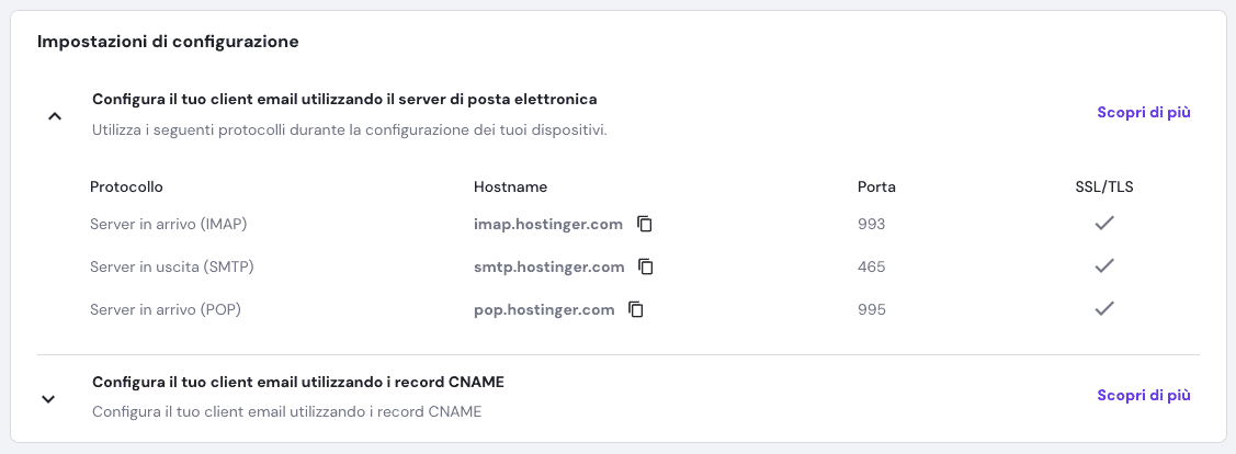 Impostazioni IMAP, SMTP e POP nell'hPanel di Hostinger