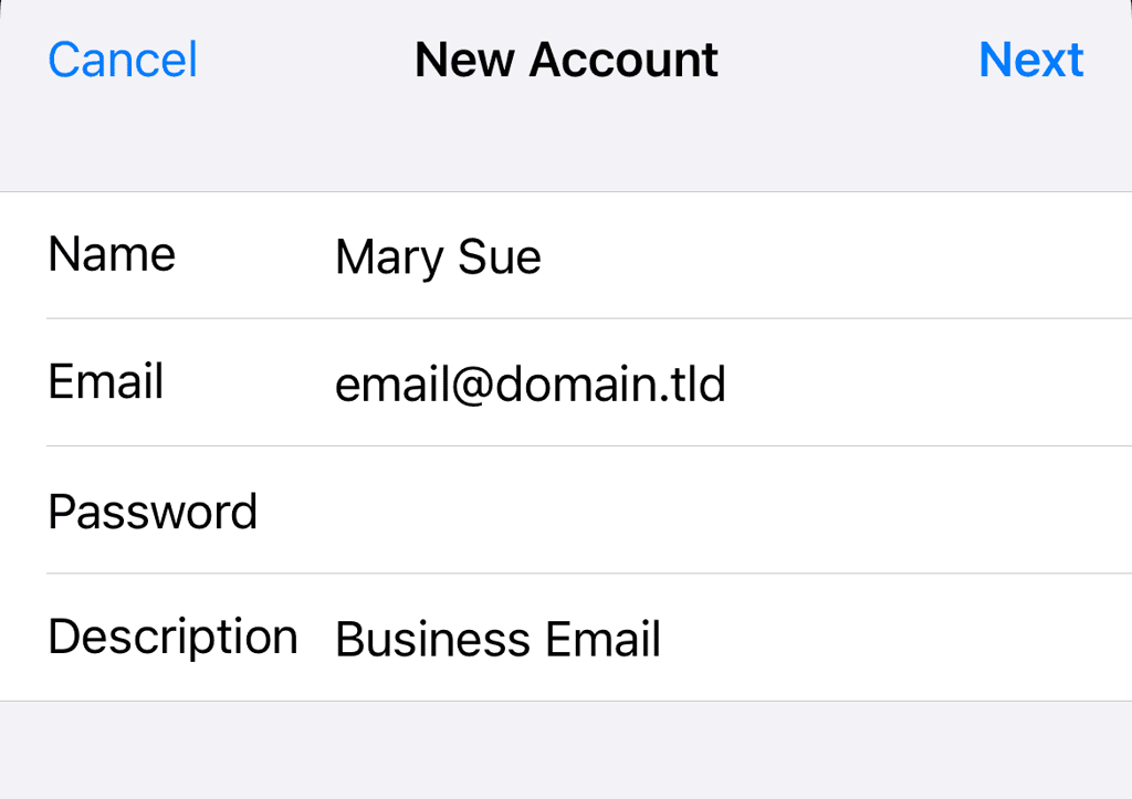 Aggiunta delle credenziali email per creare un nuovo account Mail su iPhone