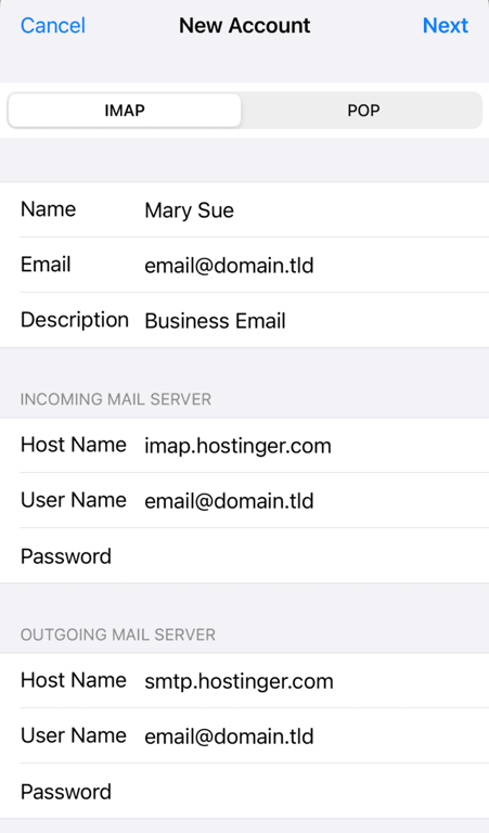 Aggiunta delle impostazioni del server di posta elettronica per creare un nuovo account email su iPhone