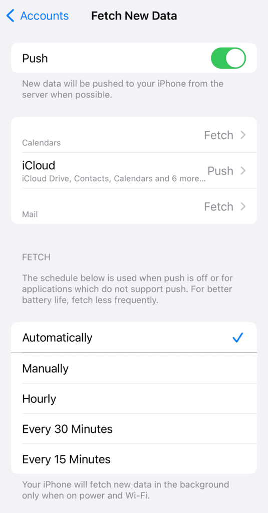 Impostazione Recupera nuovi dati per l'applicazione Mail di iOS