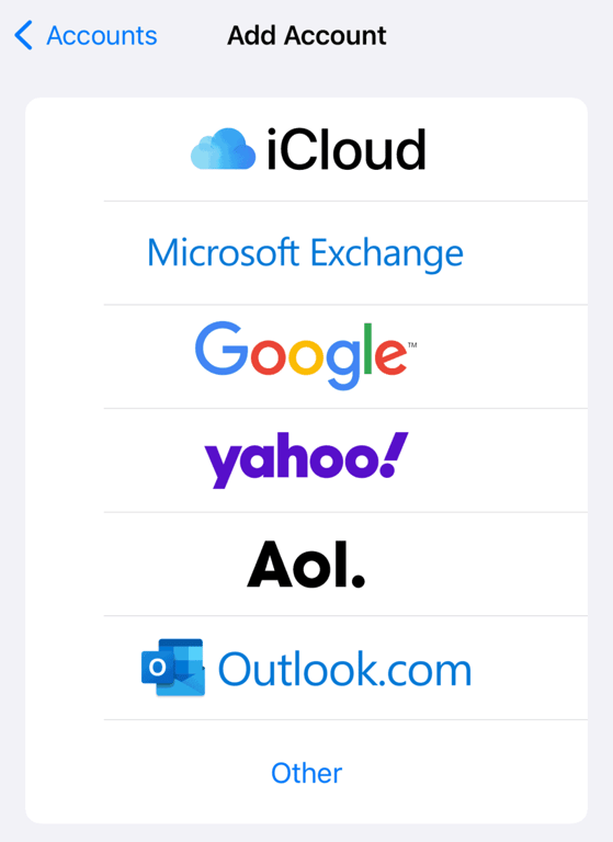 Un elenco di fornitori di servizi di posta elettronica supportati da iOS su iPhone