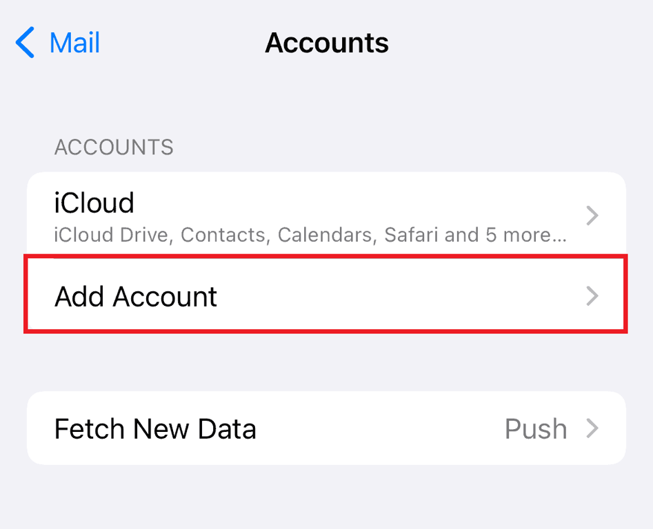 Interfaccia degli account di posta elettronica dell'iPhone che evidenzia l'opzione Aggiungi account