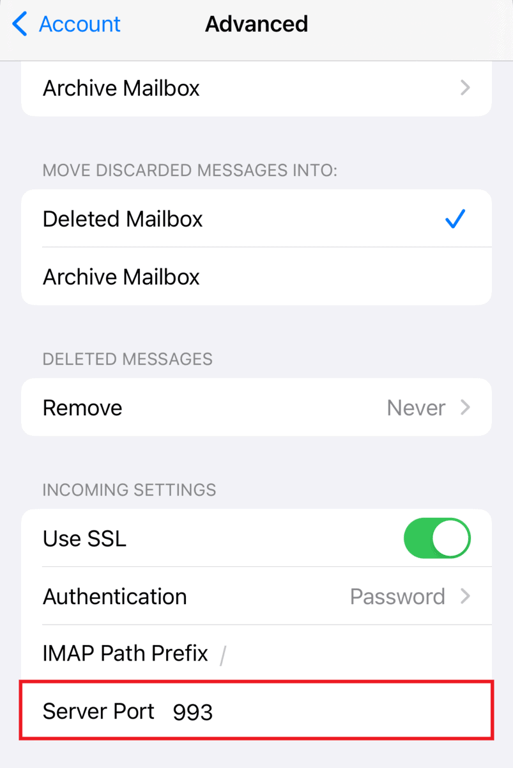Il menu Avanzate nella pagina delle impostazioni di Mail evidenzia la porta del server