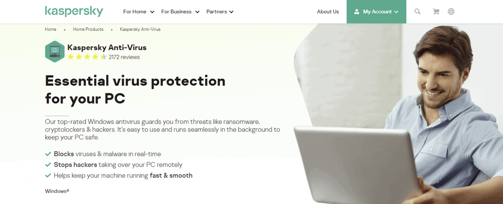 La homepage di Kaspersky con il software antivirus per Windows