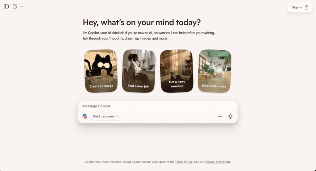 Landing page di Microsoft Copilot