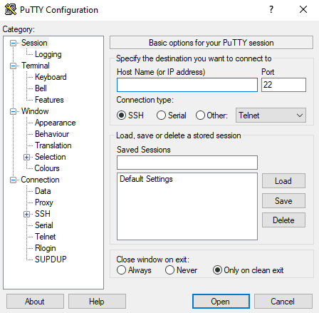 Configurazione del client SSH PuTTY