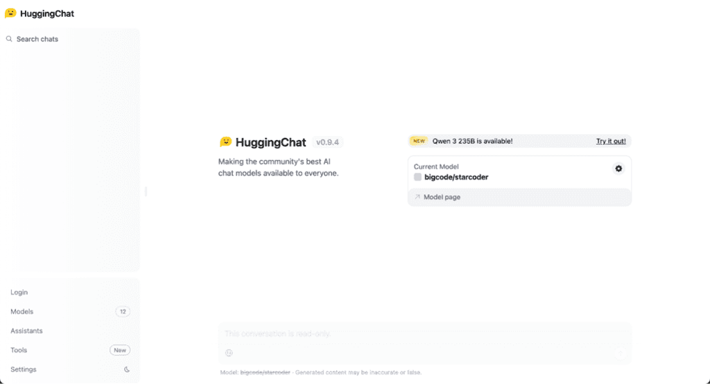Interfaccia di HuggingChat di StarCoder