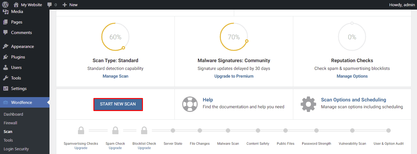 Pulsante Avvia nuova scansione nella dashboard di WordPress
