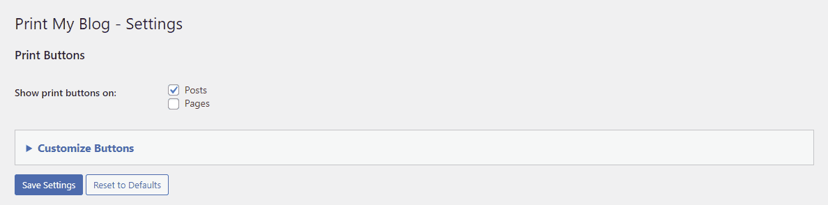 Configurazione del plugin Print My Blog al momento dell'installazione
