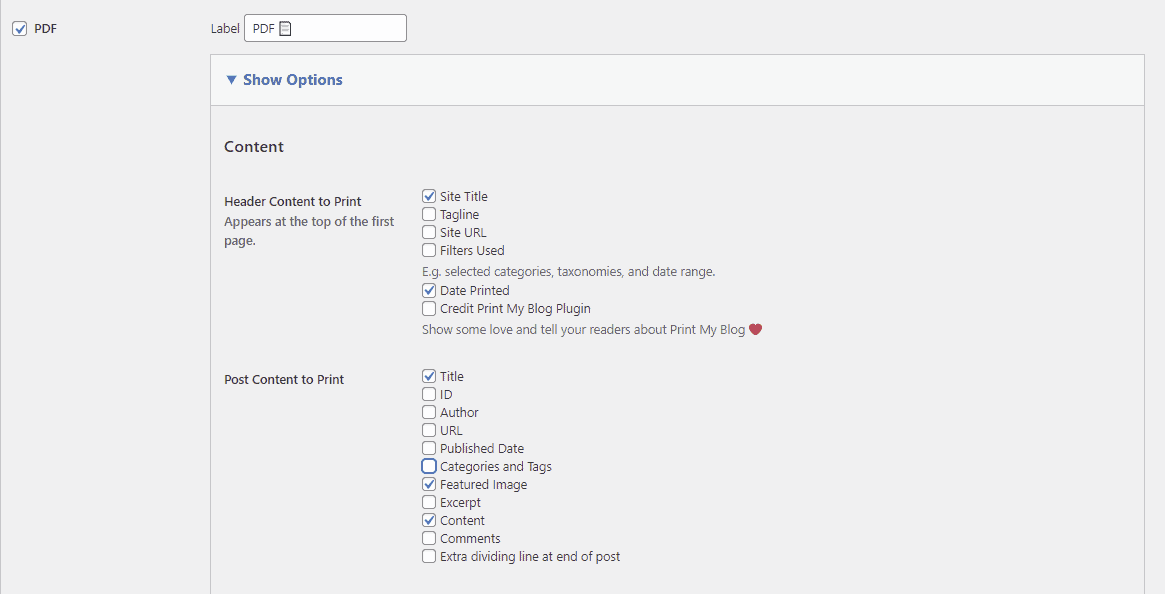 Personalizzazione delle impostazioni del plugin Print My Blog per stampare il contenuto desiderato