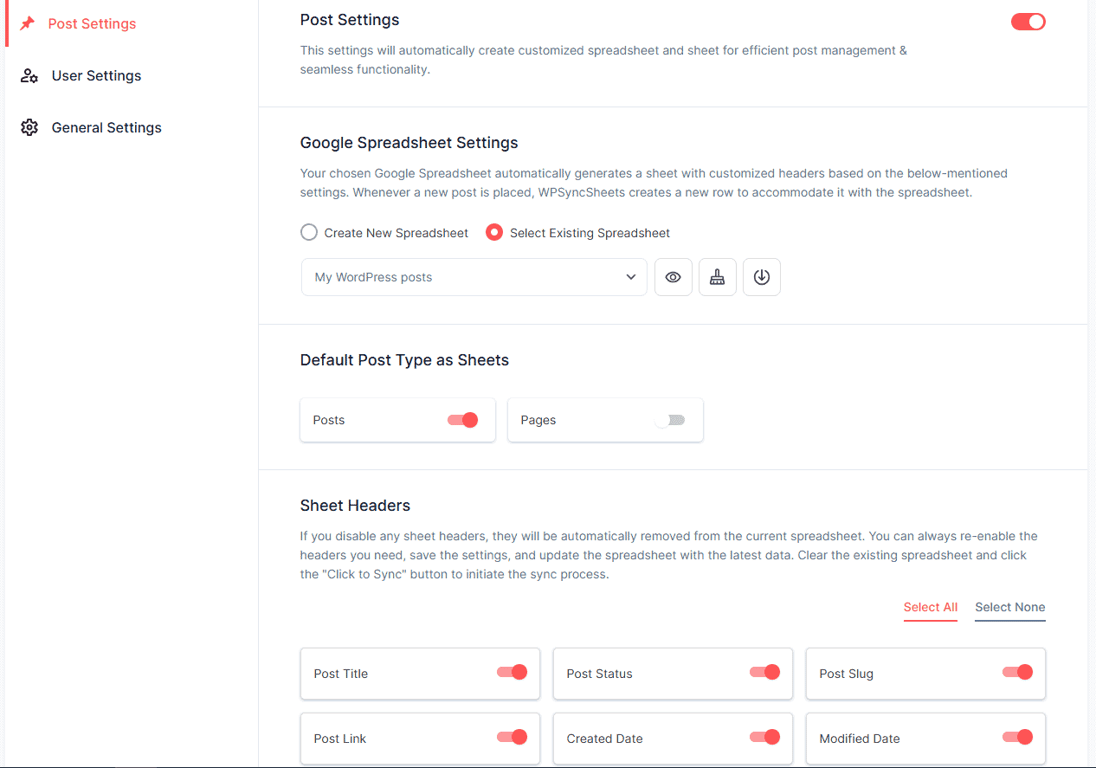 Il pannello Impostazioni dei post di WPSyncSheets