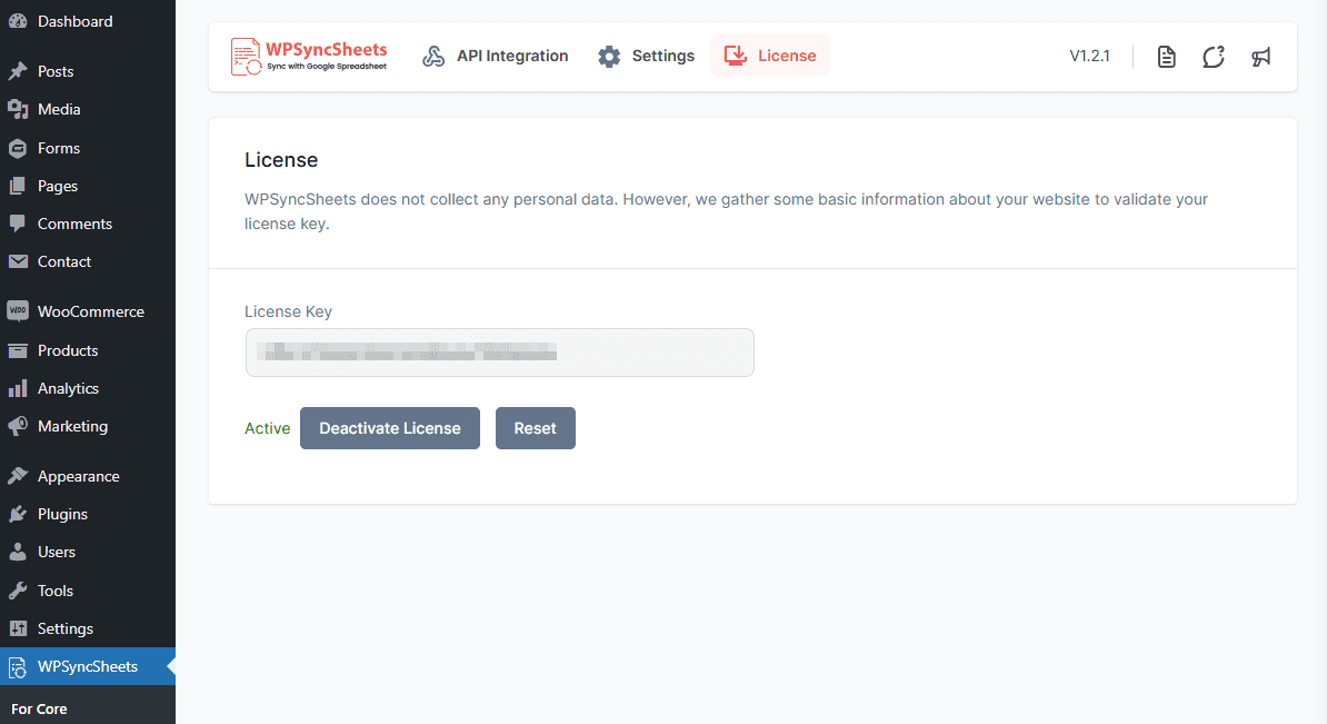 Impostazioni della licenza di WPSyncSheets