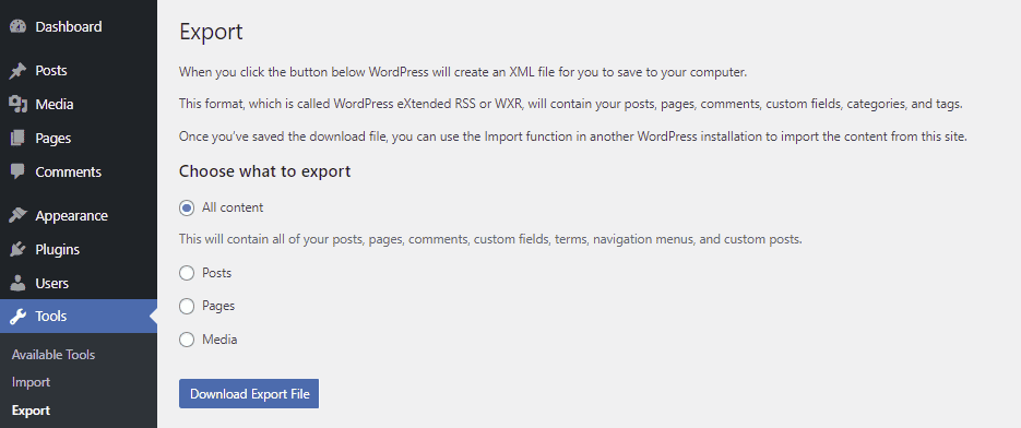 Strumento di esportazione di WordPress integrato