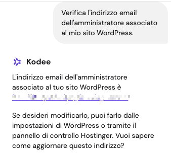Kodee controlla l'indirizzo email dell'amministratore di un sito web di WordPress