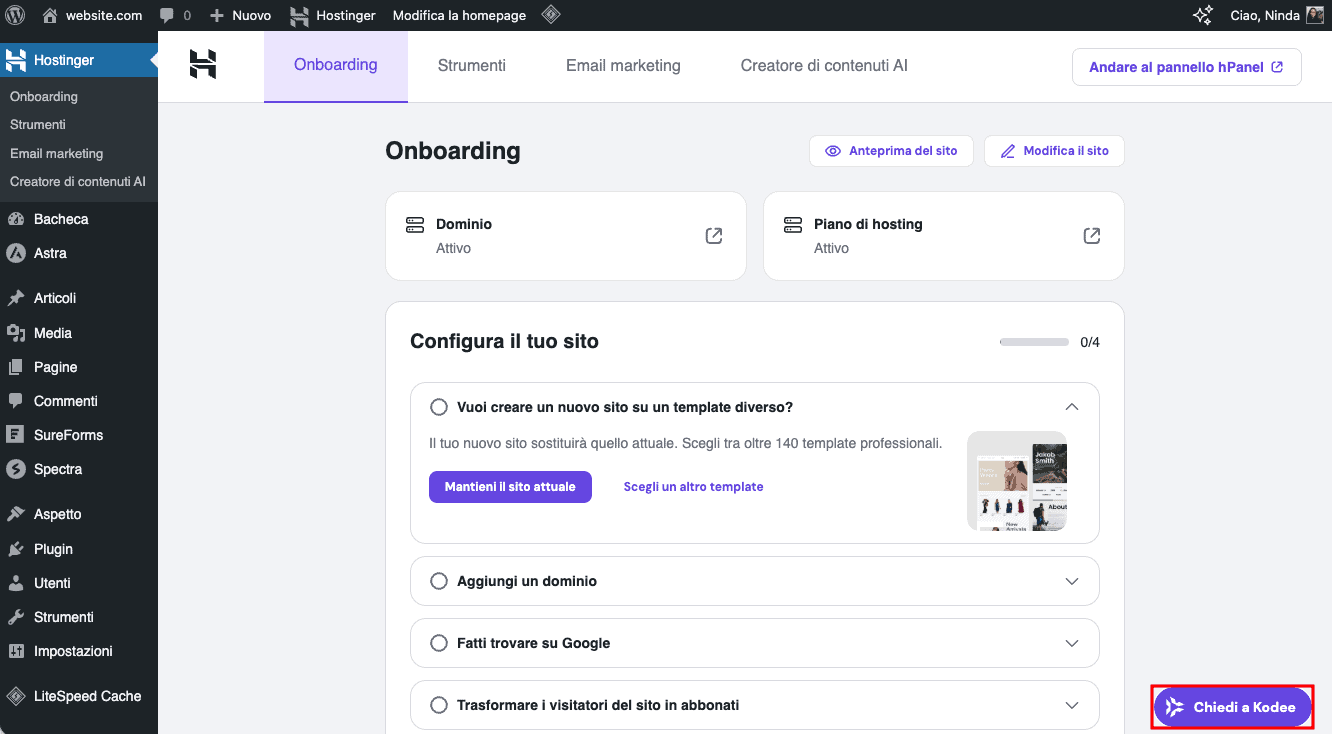 Il pulsante Kodee nella dashboard di amministrazione di WordPress