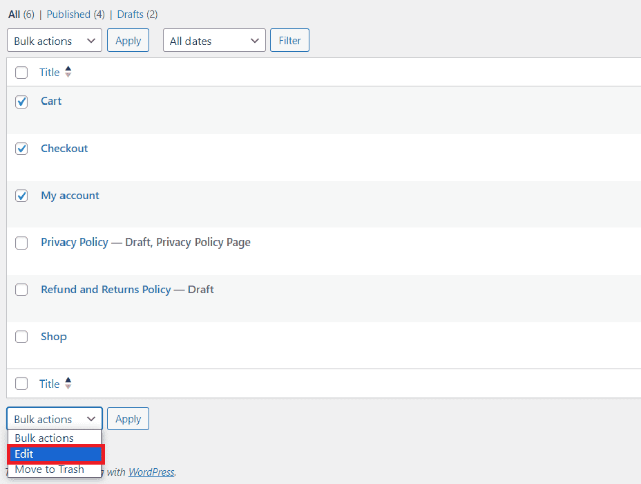 Il menu Modifica nel menu a tendina delle azioni in blocco di WordPress evidenziato.