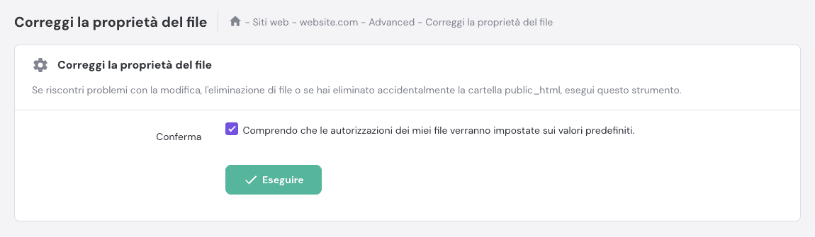 La sezione "Correggi proprietà file" nell'hPanel