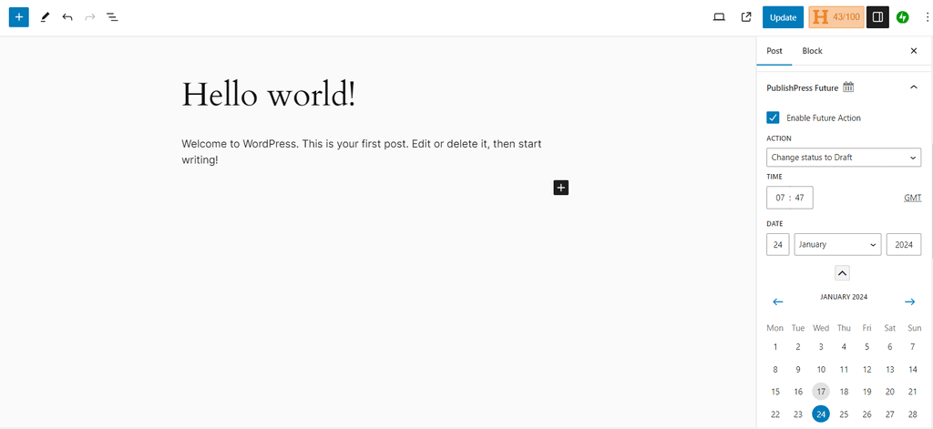L'editor a blocchi di WordPress con PublishPress Future nel pannello delle impostazioni.