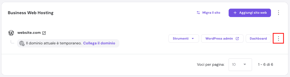 Il menu a tre punti nel menu del sito web di hPanel evidenziato.