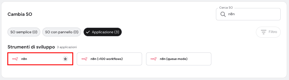 Il template n8n nel menu di gestione del sistema operativo di hPanel